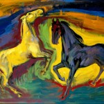 M-161: Pferde auf der Weide, 1960, 70x90cm, Kasein auf Holz