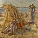 M-023: Bauern bei der Kornernte am Meer, 1949, 60x78,5cm, Öl auf Leinwand