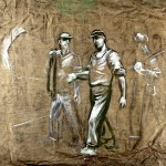 M-030: Skizzenblatt Werftarbeiter, ca. 1949, 84x93cm, Tempera auf Leinwand